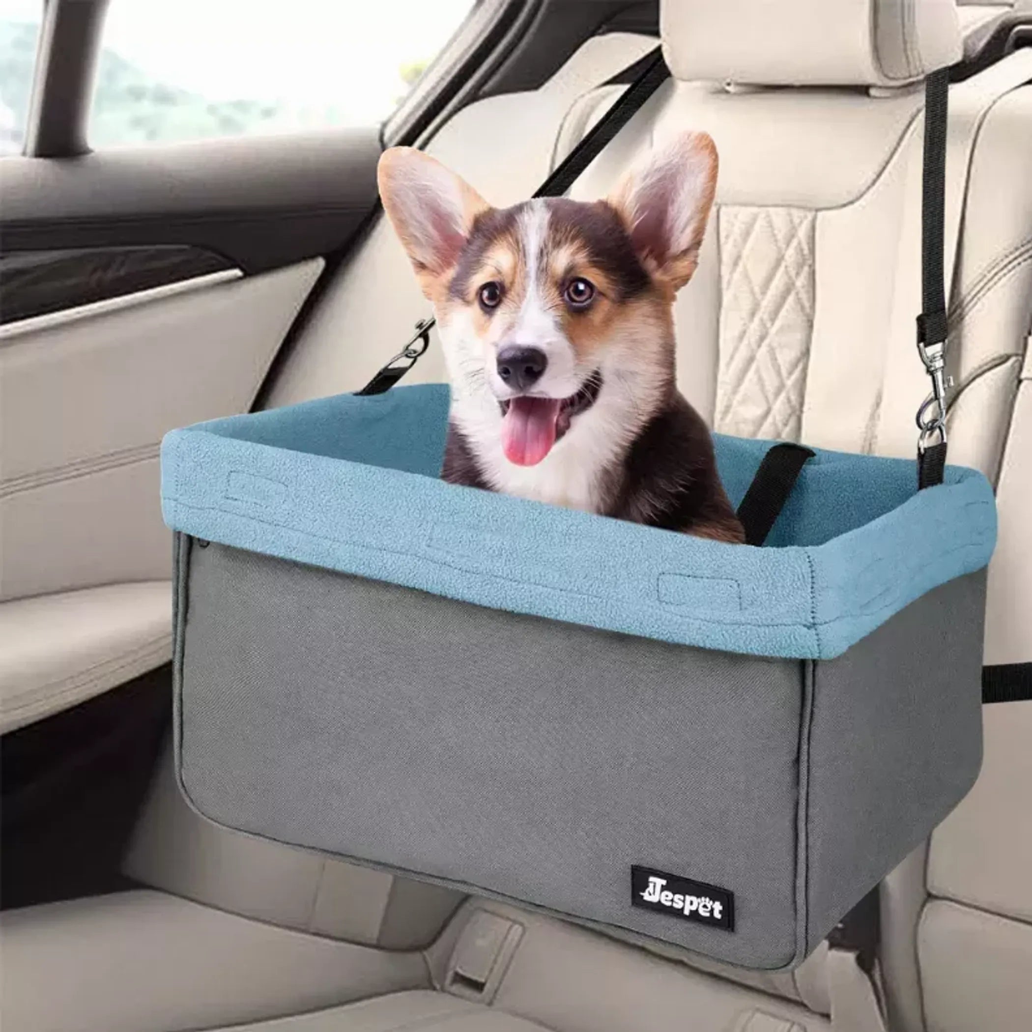 JESPET & GOOPAWS Dog Car Booster Seat – Portable Travel Carrier with Harness Tether (Up to 24 lb)