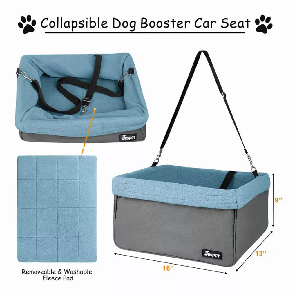 JESPET & GOOPAWS Dog Car Booster Seat – Portable Travel Carrier with Harness Tether (Up to 24 lb)