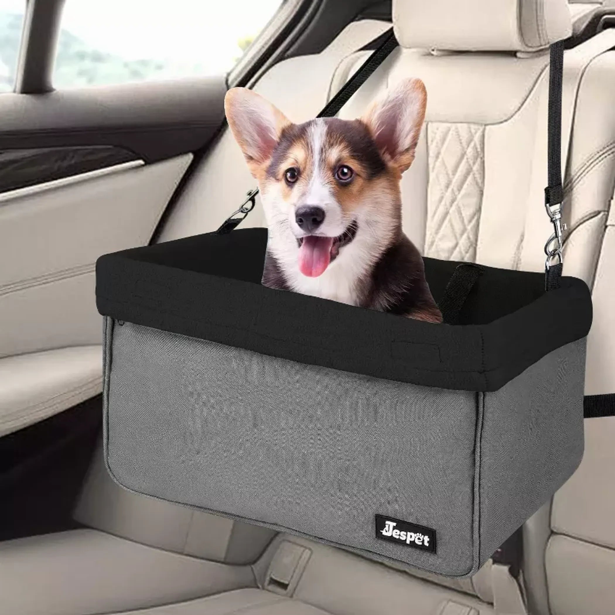 JESPET & GOOPAWS Dog Car Booster Seat – Portable Travel Carrier with Harness Tether (Up to 24 lb)