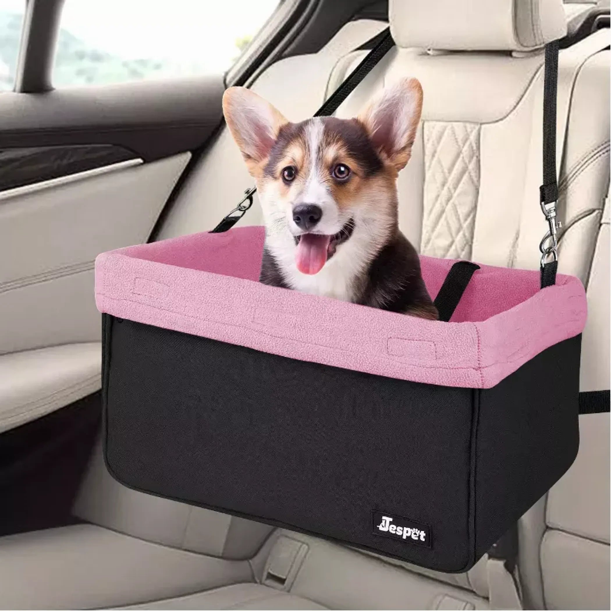 JESPET & GOOPAWS Dog Car Booster Seat – Portable Travel Carrier with Harness Tether (Up to 24 lb)