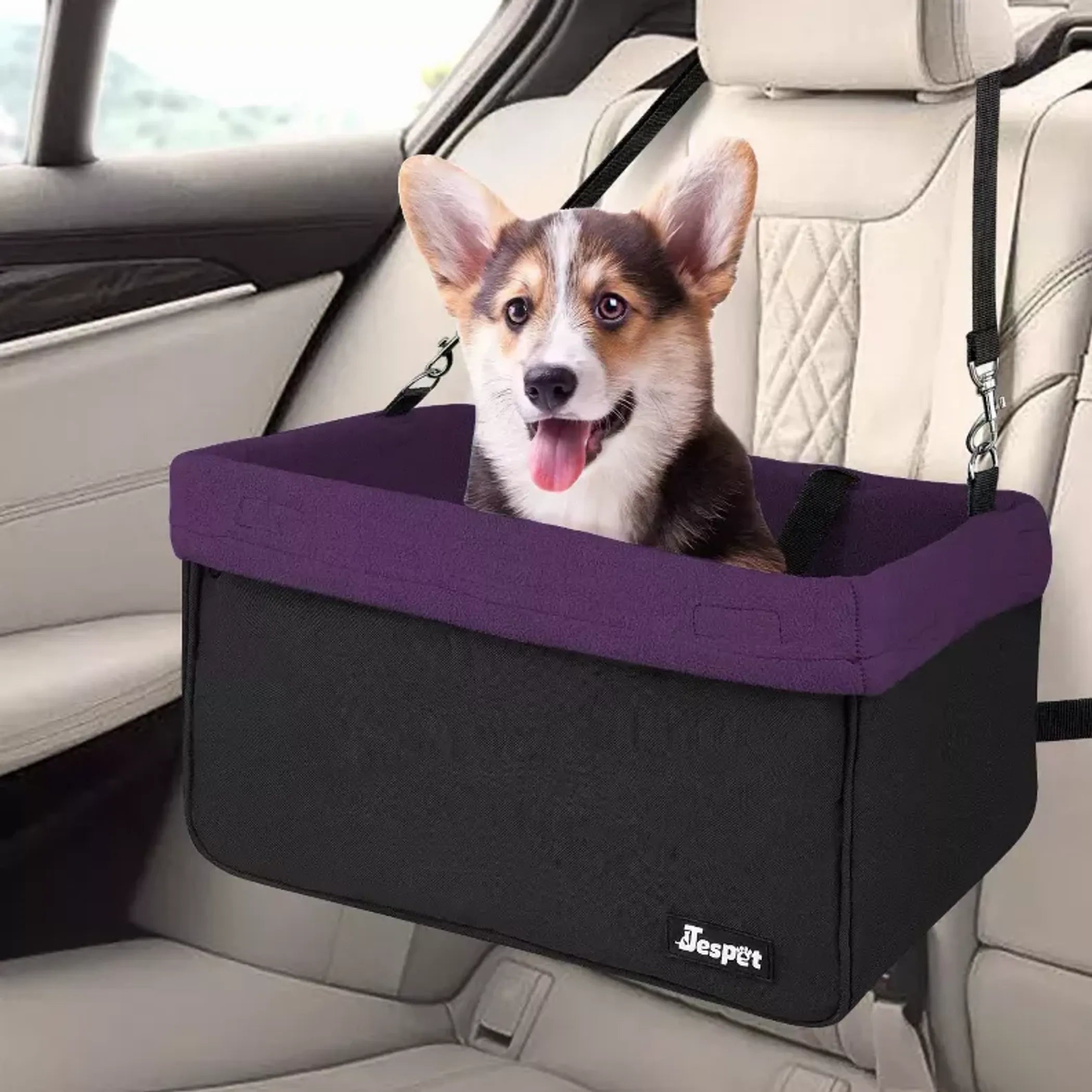 JESPET & GOOPAWS Dog Car Booster Seat – Portable Travel Carrier with Harness Tether (Up to 24 lb)