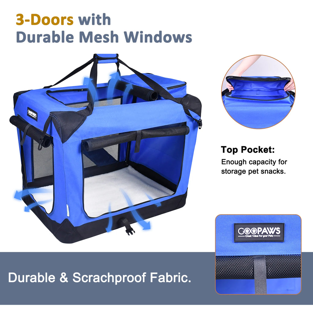 JESPET Soft-Sided Pet Crate – 3-Door Folding Travel Carrier w/ Fleece Mat