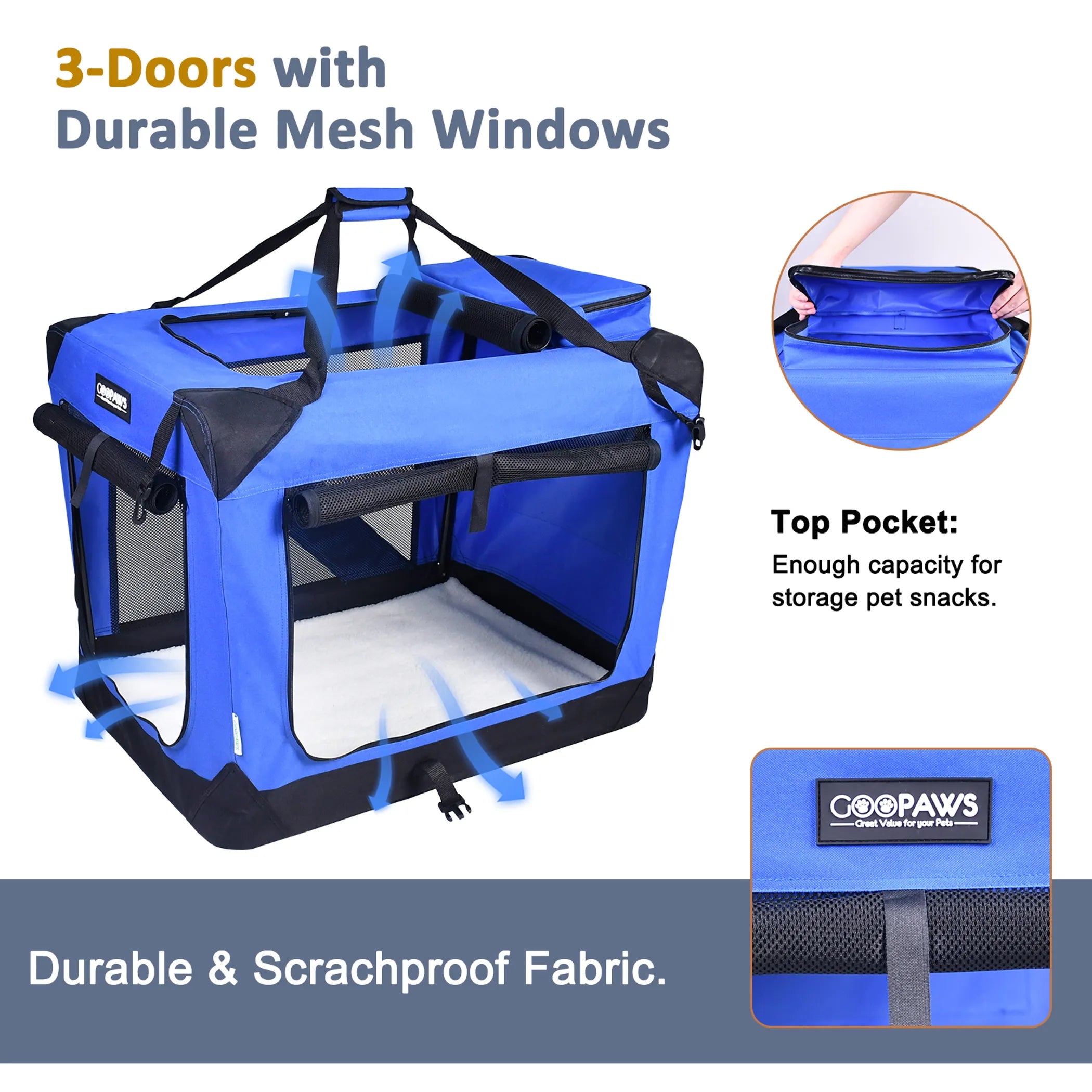 JESPET Soft-Sided Pet Crate – 3-Door Folding Travel Carrier w/ Fleece Mat