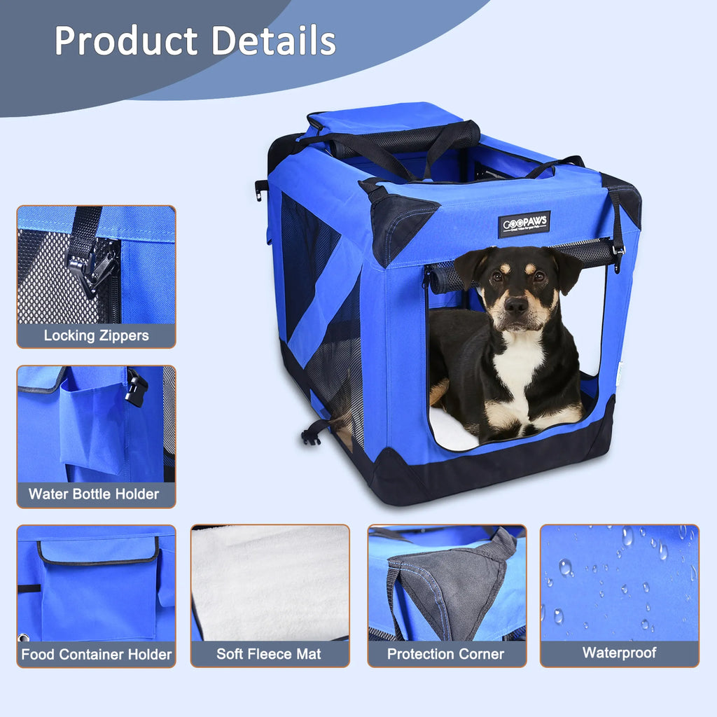 JESPET Soft-Sided Pet Crate – 3-Door Folding Travel Carrier w/ Fleece Mat